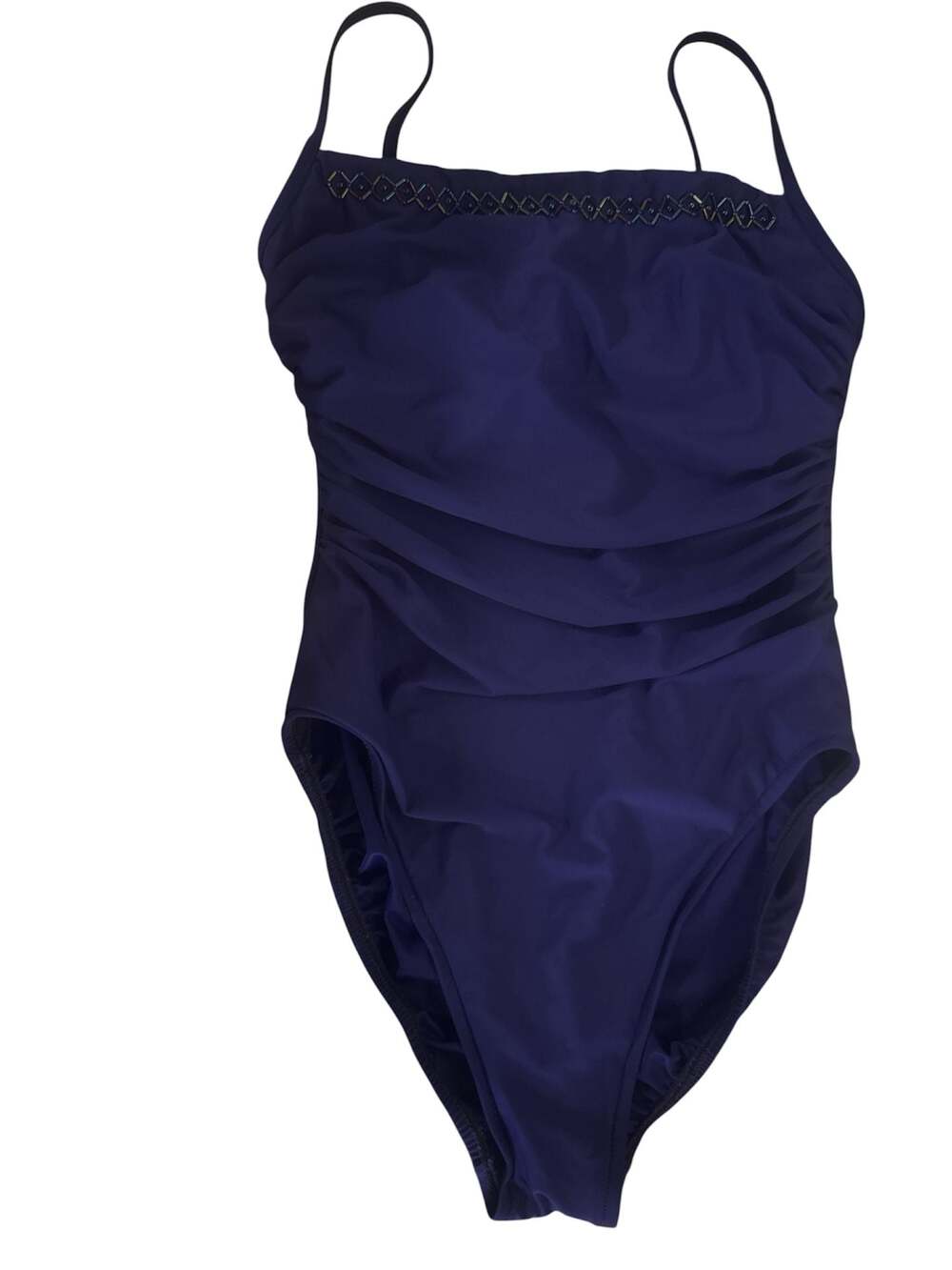 Miraclesuit One-Piece Swimsuit Ruched Navy Blue with Beaded Neckline Detail